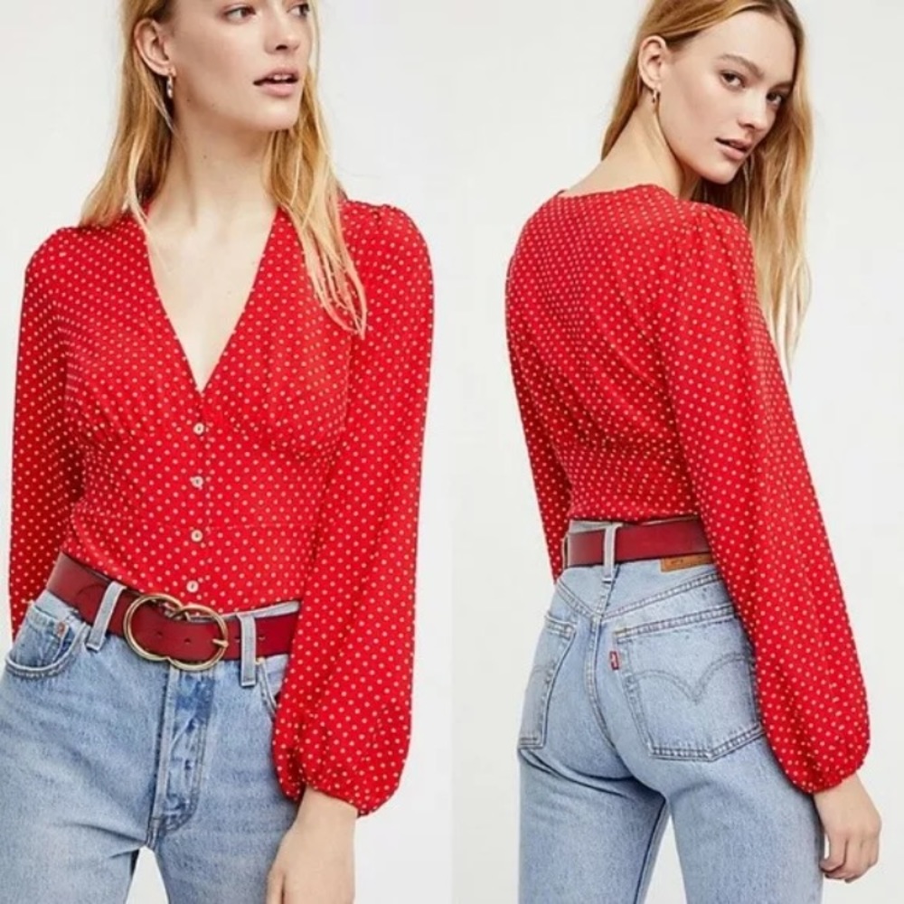 Free People Love Street Polka Dot Red Top